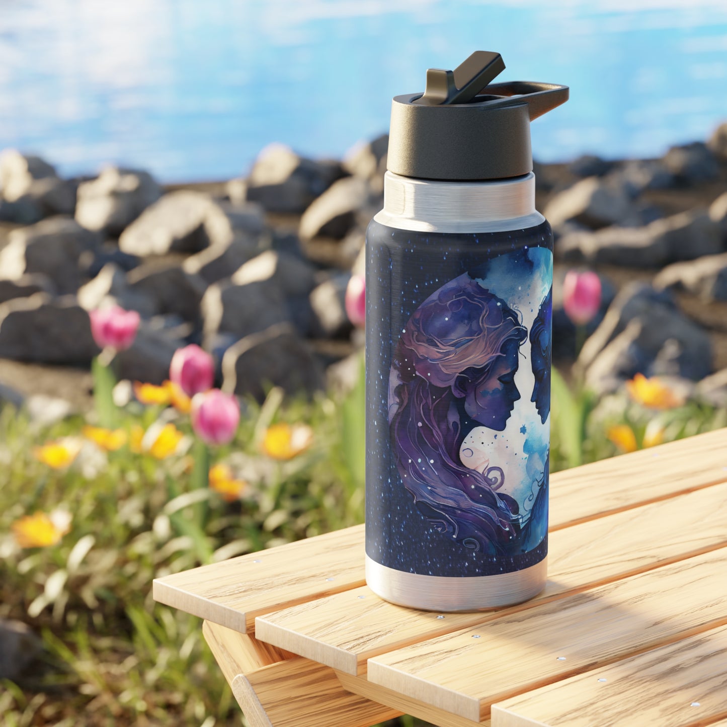 Gemini Twins Zodiac Sign in Purple and Blue ~ 32oz Tumbler With Lid and Straw