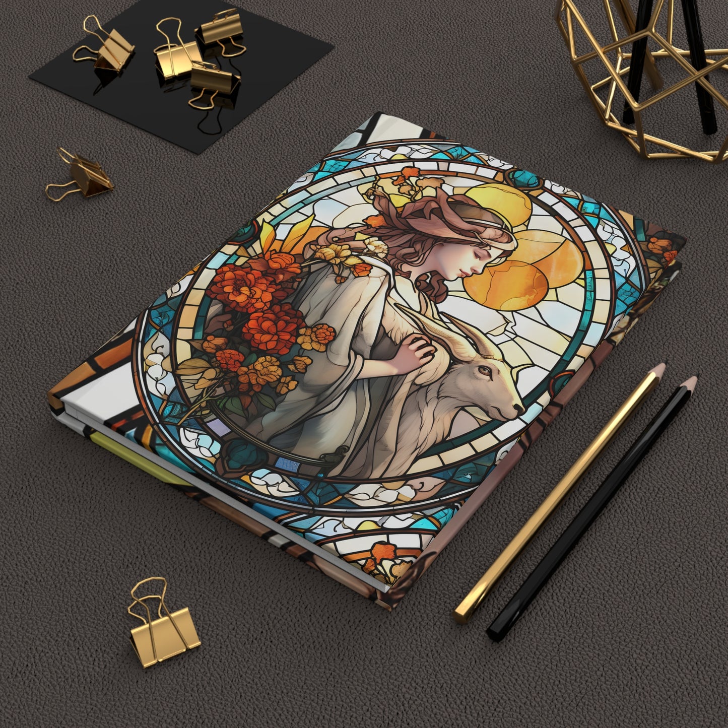 Capricorn Stained Glass Illustration with Poem Hardcover 150 Page Journal