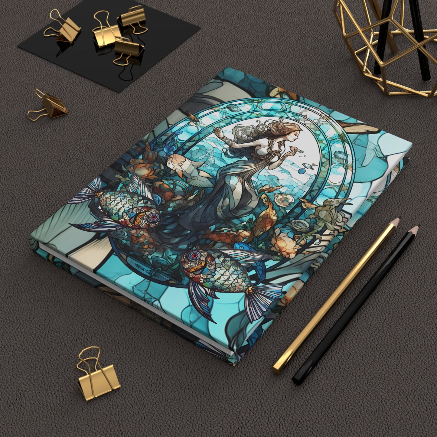 Pisces Stained Glass Illustration with Poem Hardcover 150 Page Journal