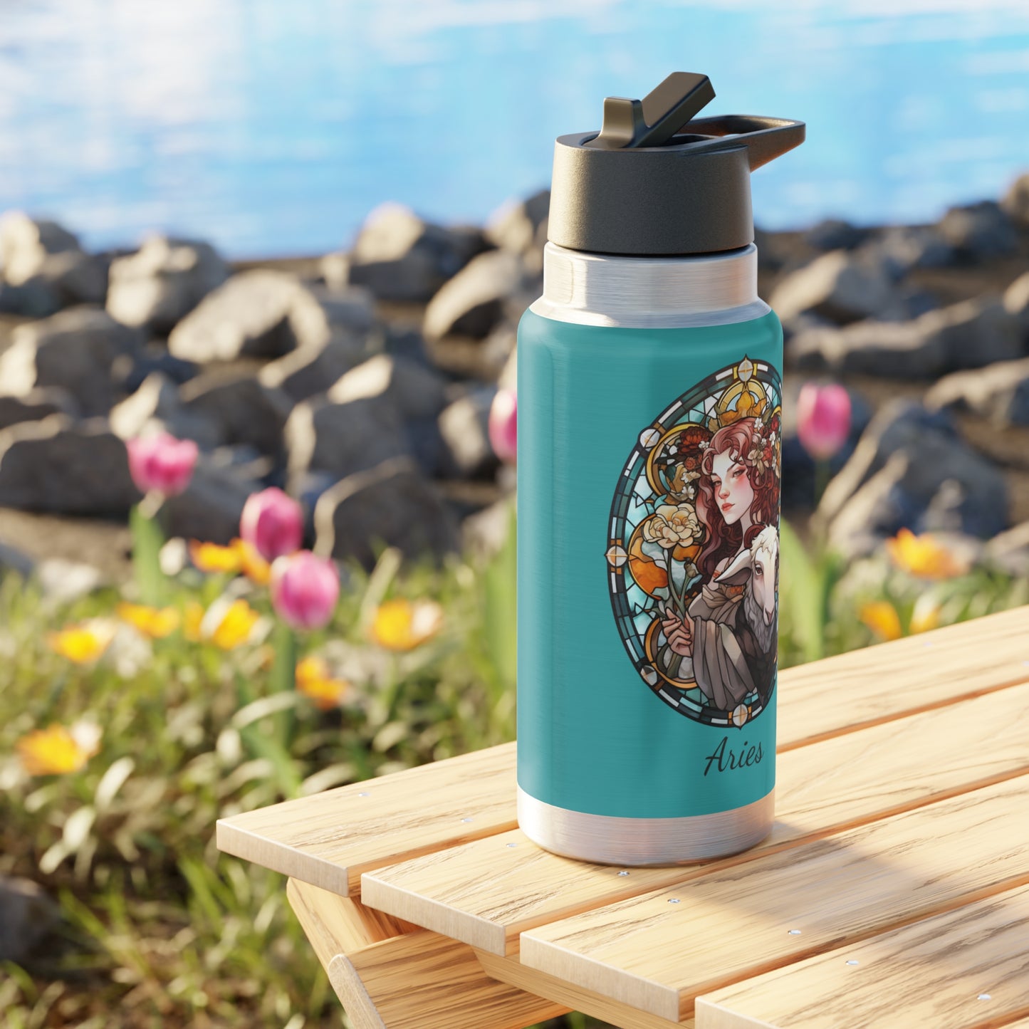Aries Zodiac Sign Stained Glass Woman and Ram Illustration ~ 32oz Tumbler With Lid and Straw