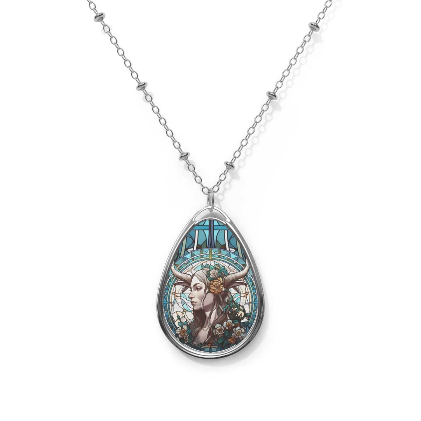 Capricorn Zodiac Sign ~ Capricorn Woman Stained Glass Illustration ~ Necklace & Oval Pendant With Chain