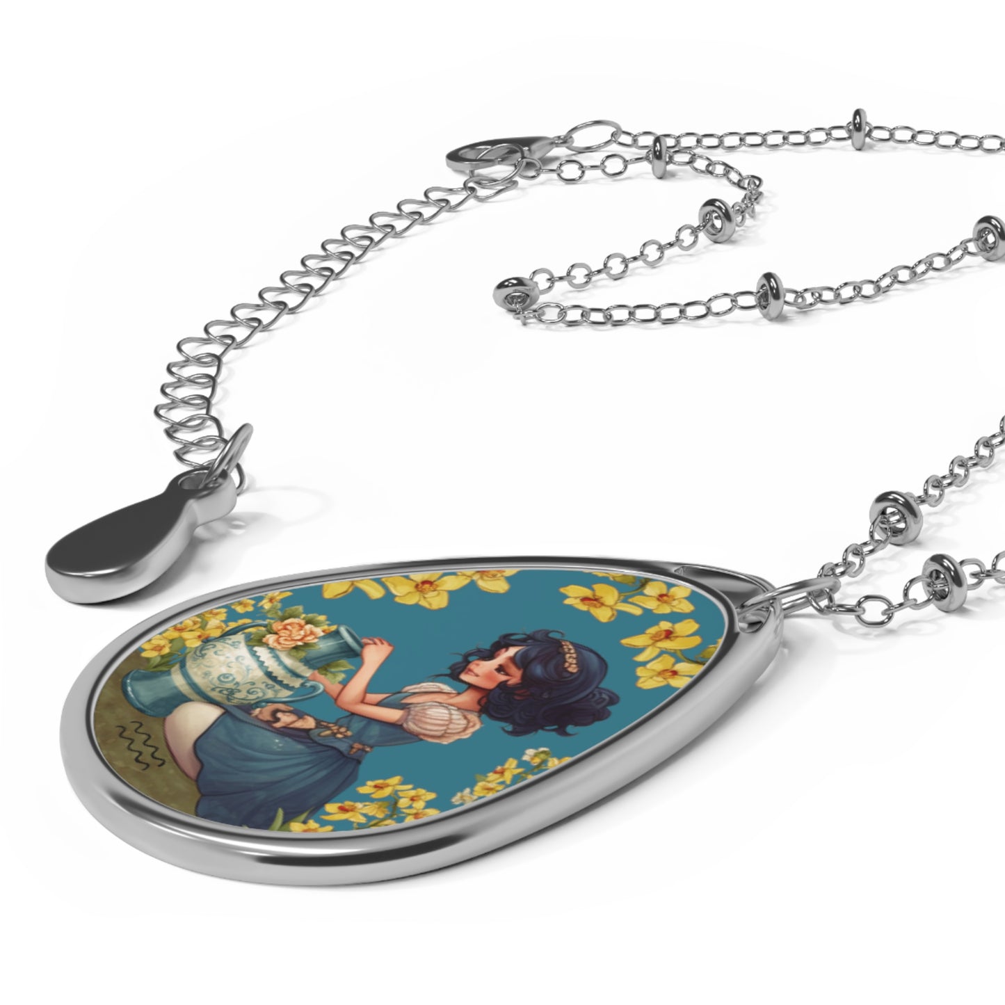 Aquarius Zodiac Sign ~ Cute Aquarius Girl Vintage Illustration ~ Necklace & Oval Pendant With Chain