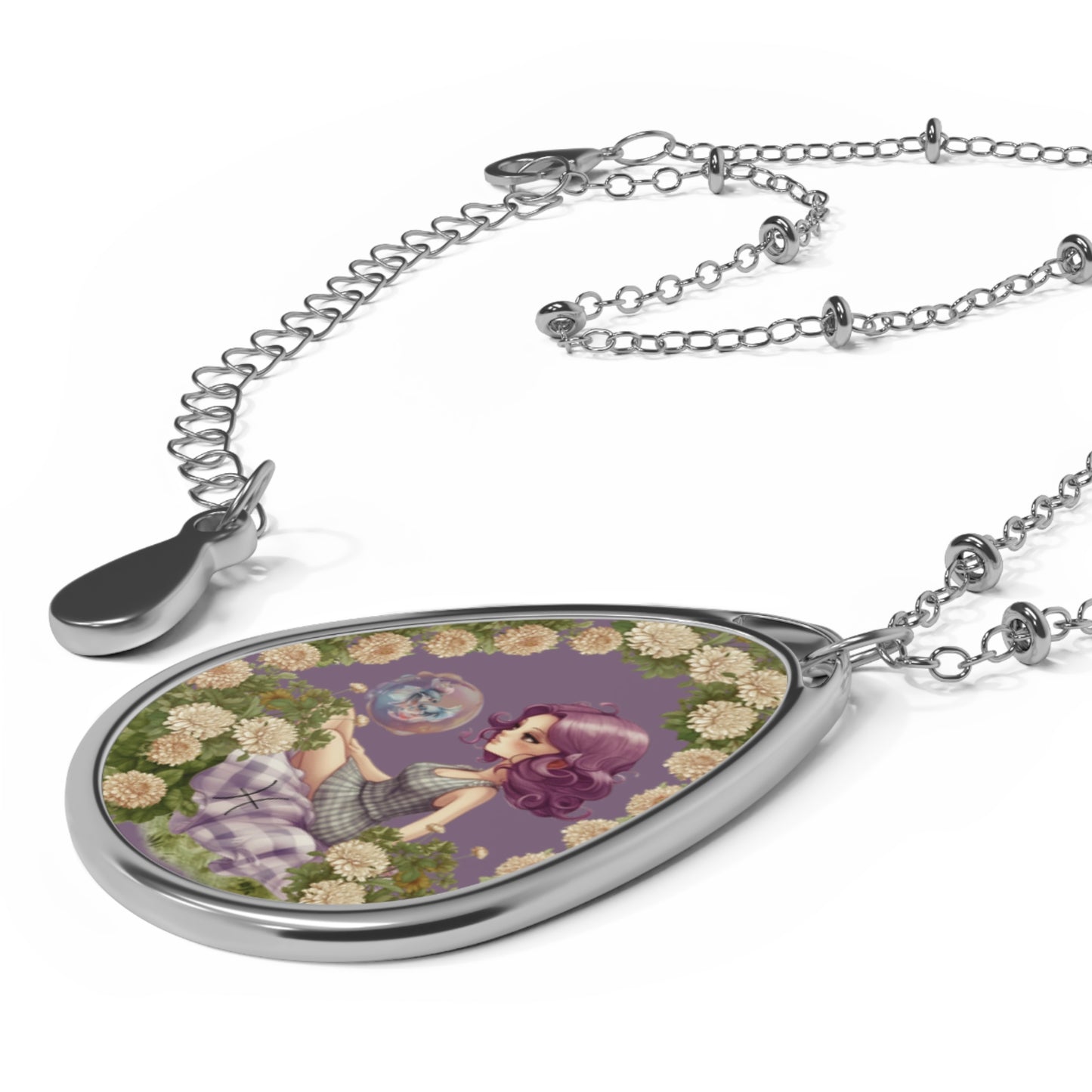 Pisces Zodiac Sign ~ Pisces Girl Vintage Illustration ~ Necklace & Oval Pendant With Chain