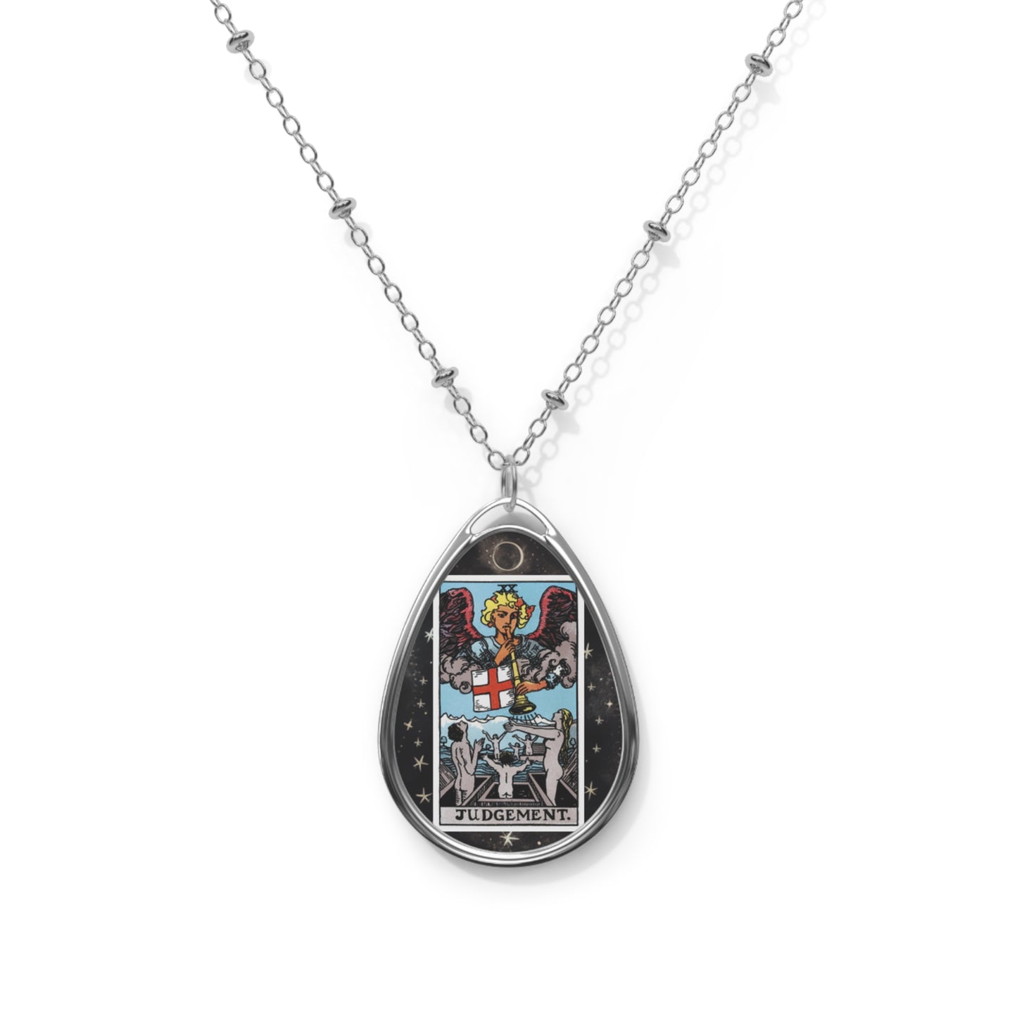 The Judgement Tarot Card Oval Pendant Necklace and Chain with Starry Background