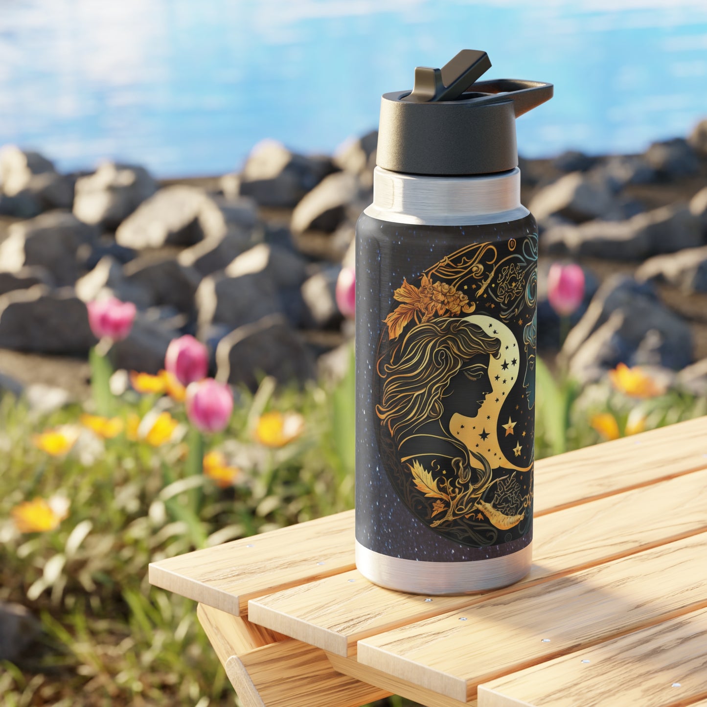 Gemini Twins Zodiac Sign with Black and Gold ~ 32oz Tumbler With Lid and Straw