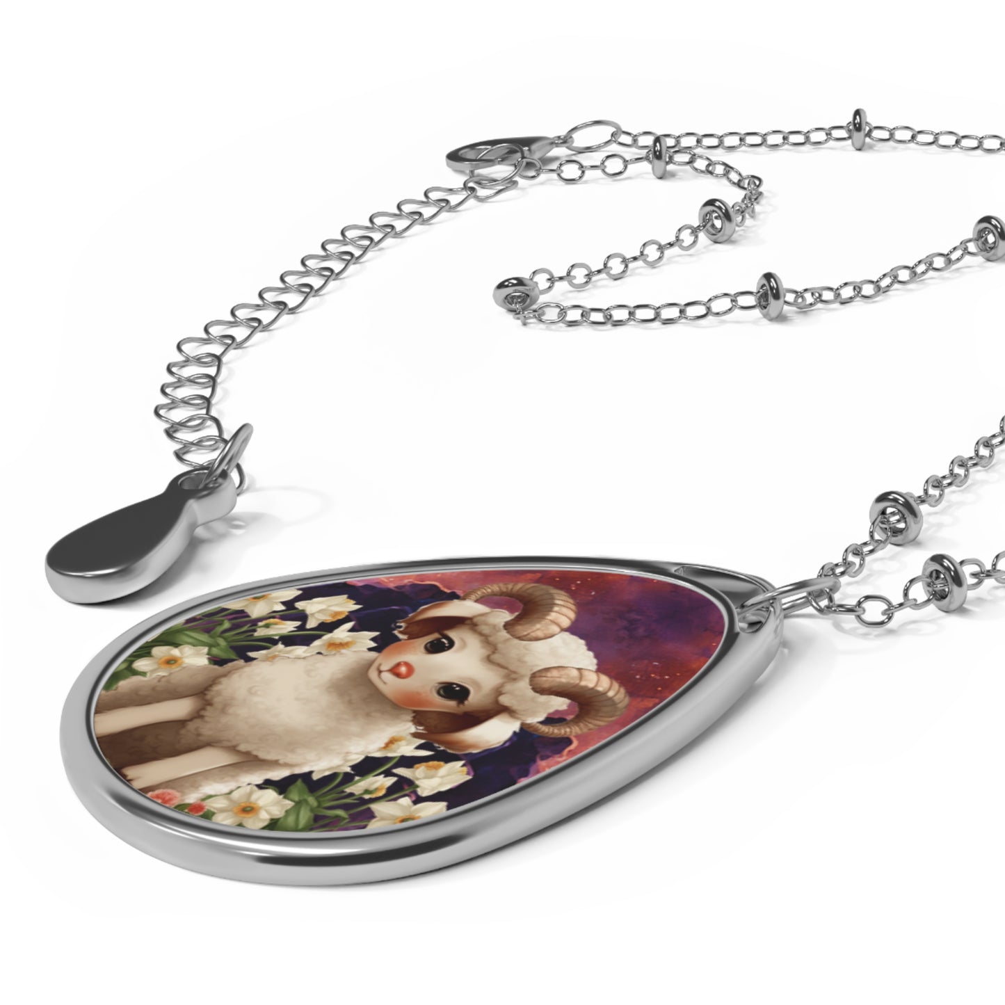 Aries Zodiac Sign ~ Cute Aries Ram Design ~ Necklace & Oval Pendant With Chain