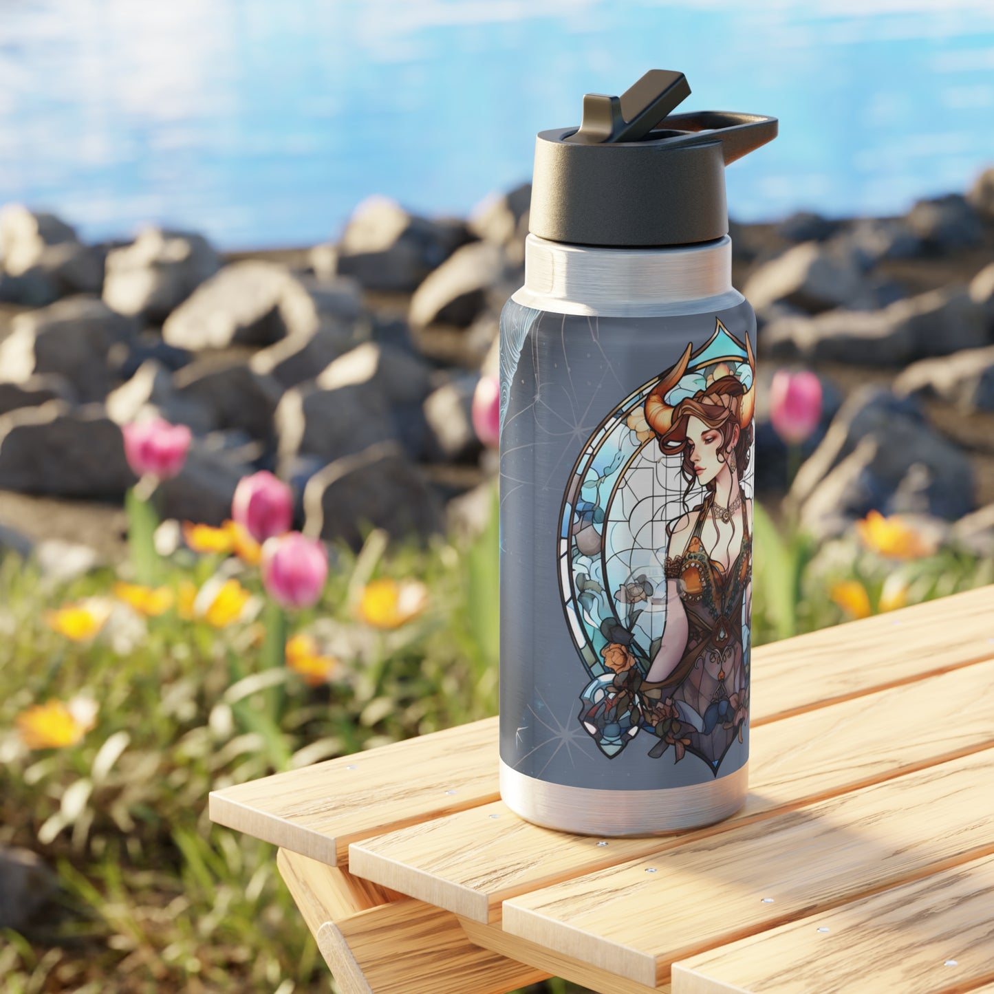 Taurus Zodiac Sign Stained Glass Illustration with Stars ~ 32oz Tumbler With Lid and Straw