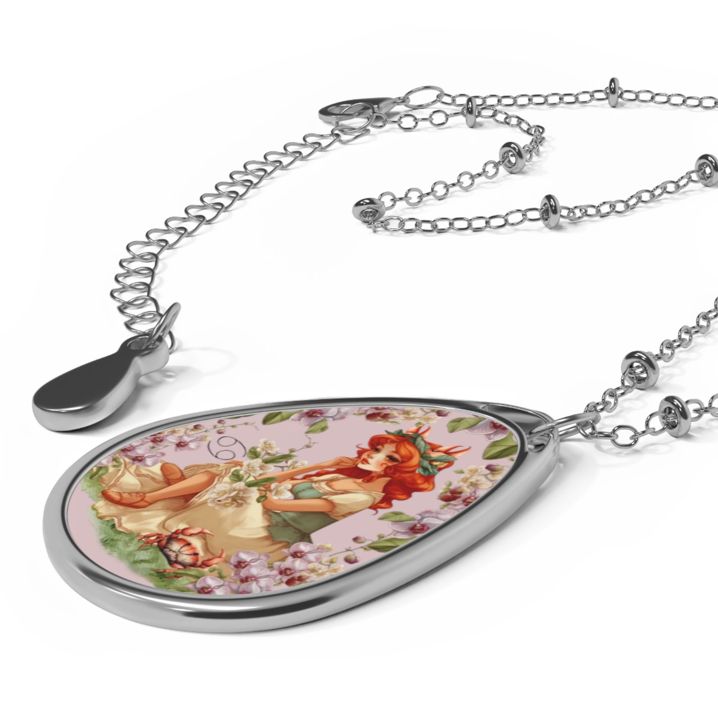 Cancer Zodiac Sign ~ Girl and Crab Vintage Illustration ~ Necklace & Oval Pendant With Chain