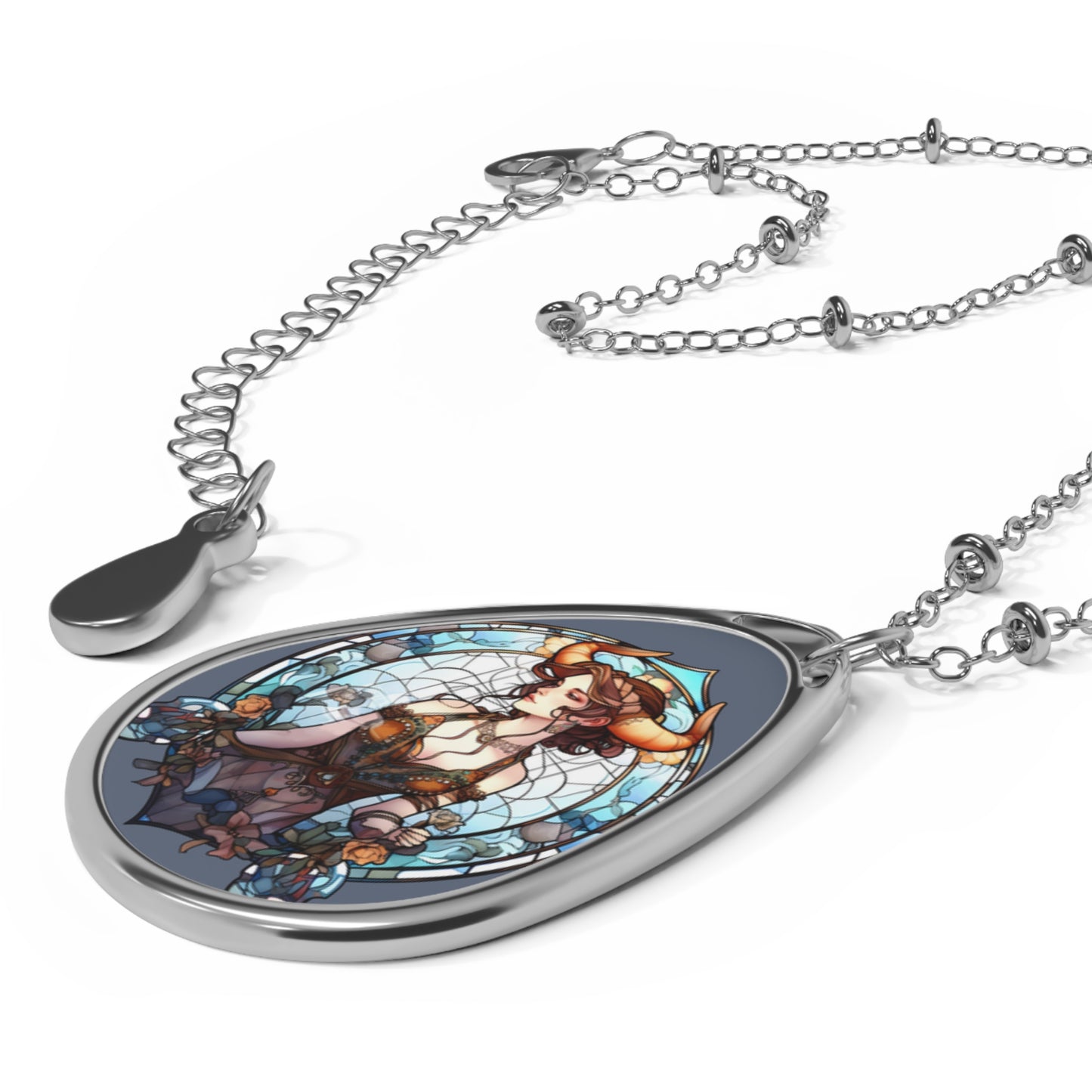 Taurus Zodiac Sign Stained glass Illustration ~ Necklace & Oval Pendant With Chain