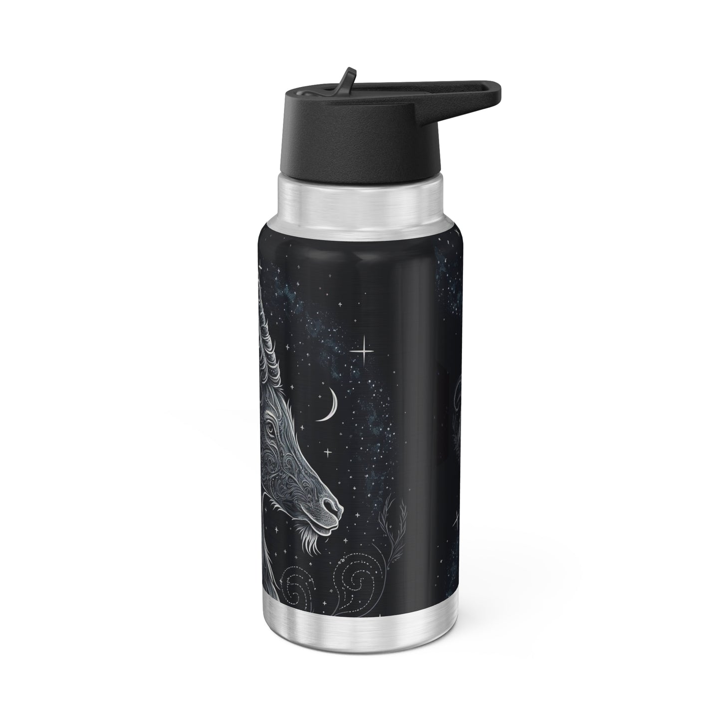 Capricorn Zodiac Sign Goat in Black and White with Starry Background ~ 32oz Tumbler With Lid and Straw