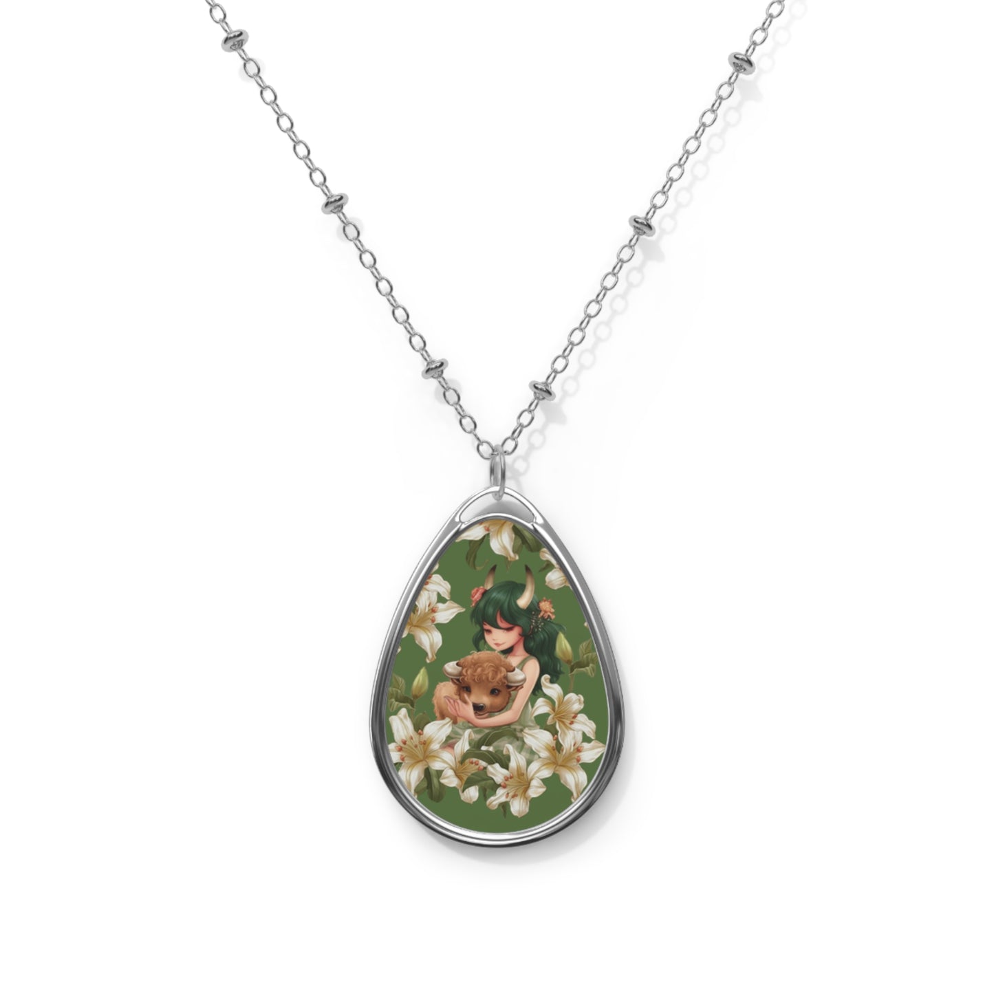 Taurus Zodiac Sign ~ Cute Taurus Vintage illustration ~ Necklace & Oval Pendant With Chain