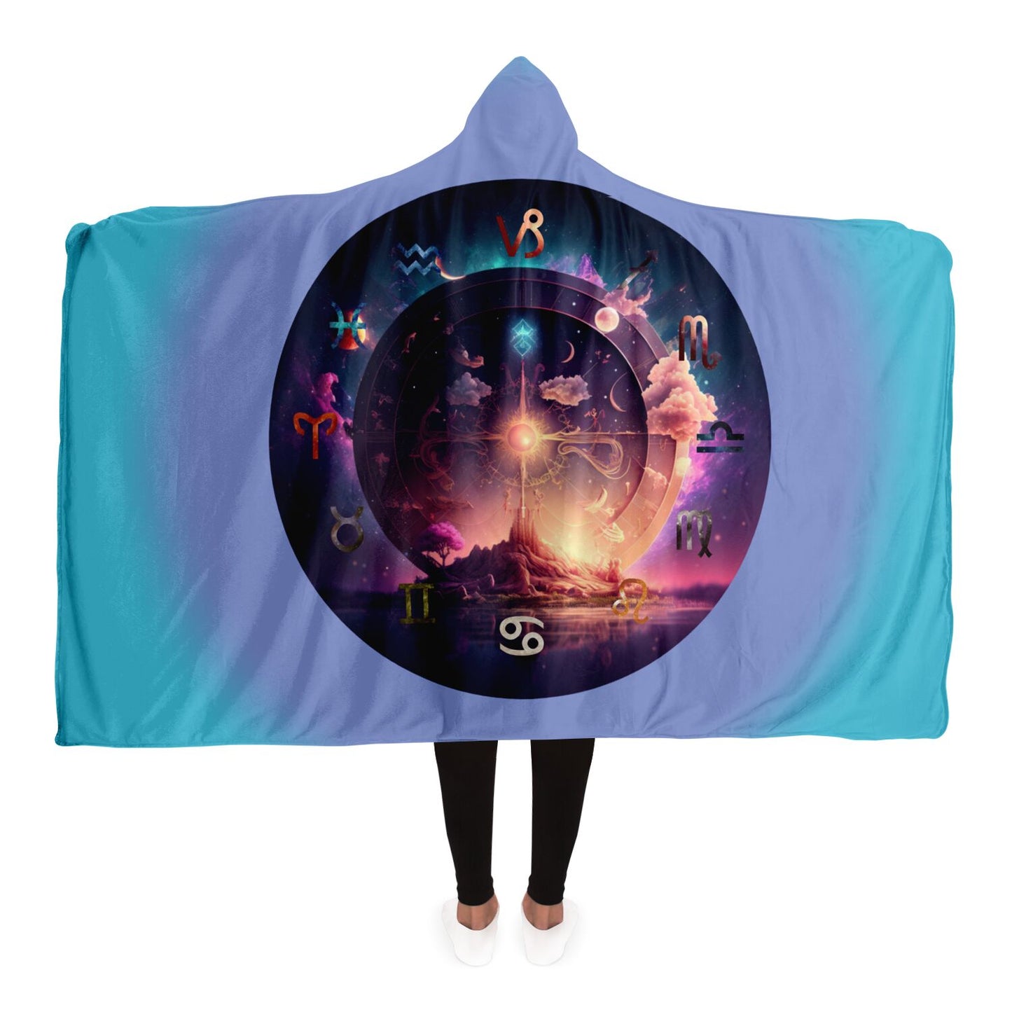 Zodiac Symbols Around Celestial Sphere with Teal Background Hooded Blanket