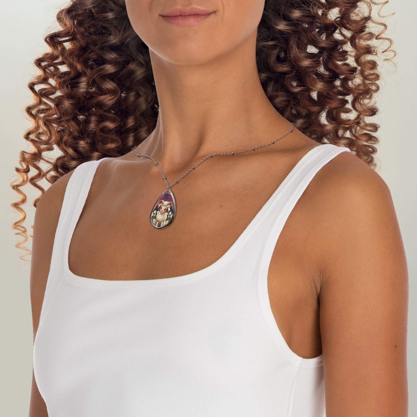Aries Zodiac Sign ~ Cute Aries Ram Design ~ Necklace & Oval Pendant With Chain