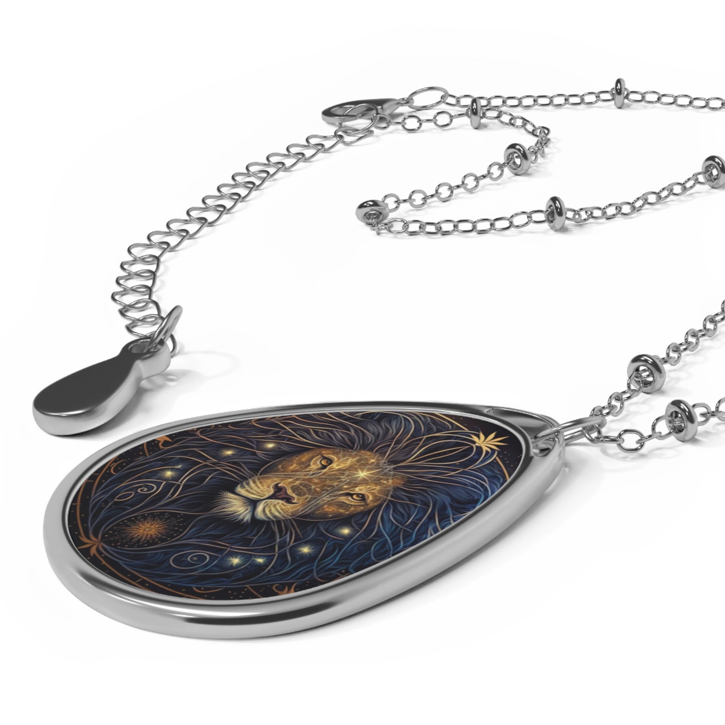 Leo Zodiac sign ~ Lion in Gold and Blue ~ Necklace & Oval Pendant With Chain