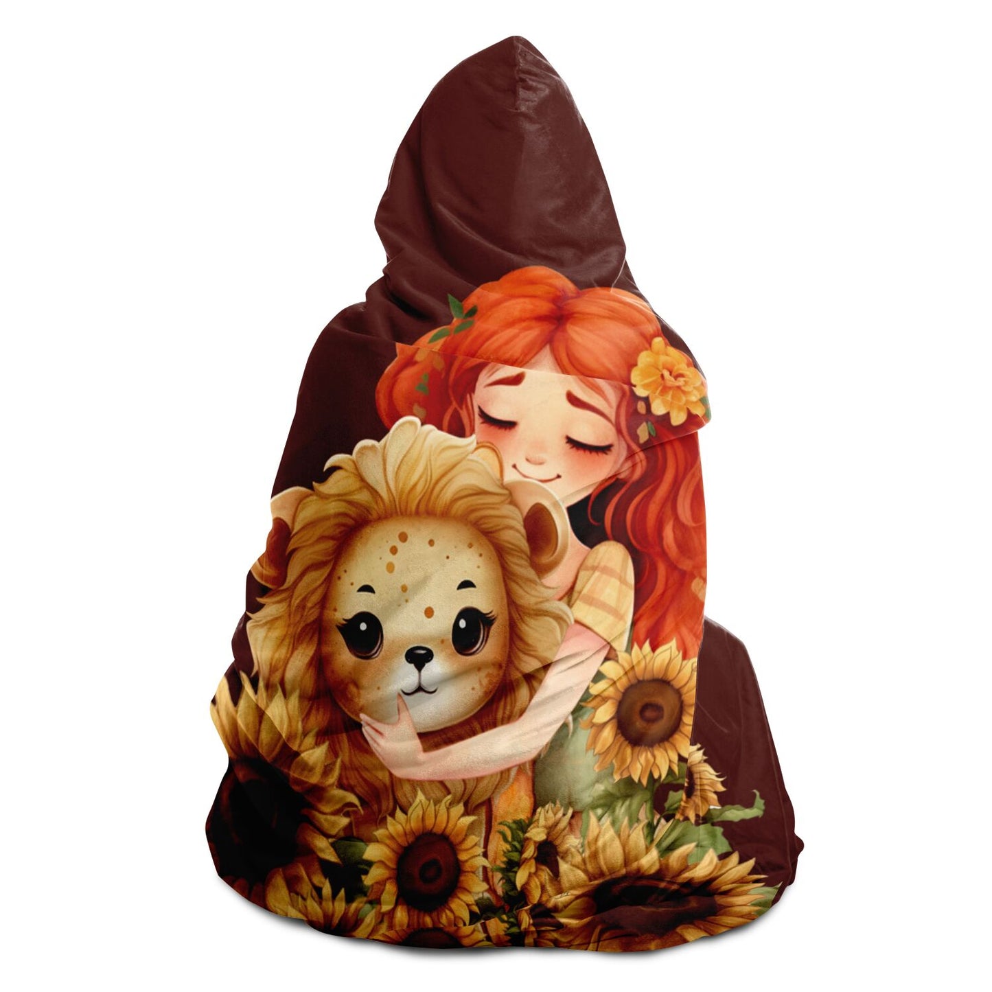 Leo Girl and Lion with Crimson Background Hooded Blanket