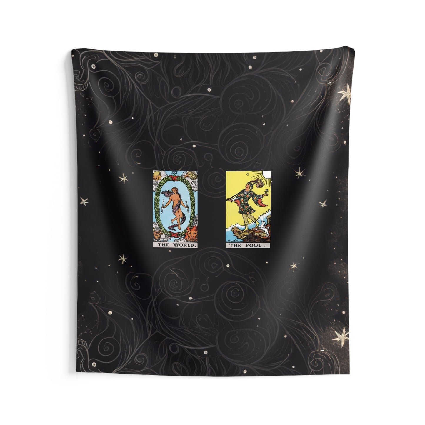 The World AND The Fool Tarot Cards Altar Cloth or Tapestry with Starry Background