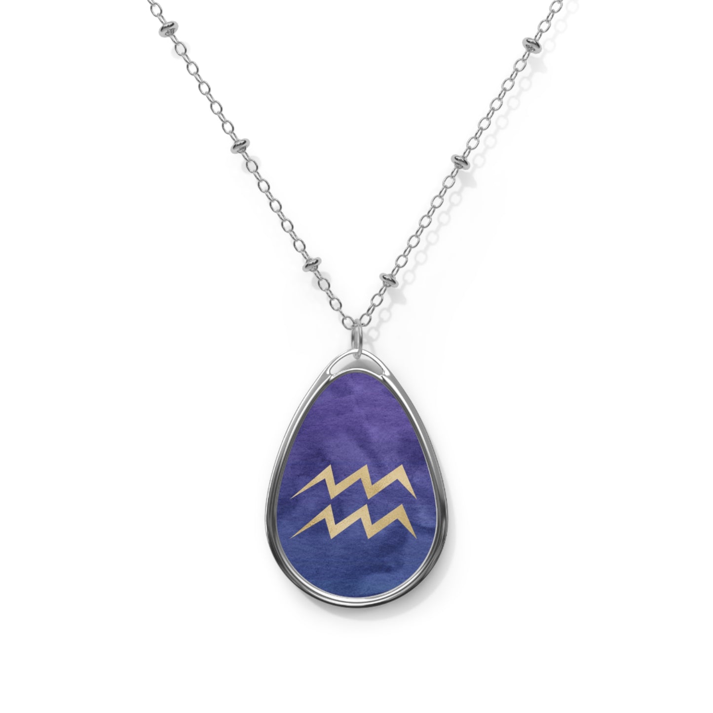 Aquarius Zodiac Sign ~ Aquarius Sign in Gold on Blue ~ Necklace & Oval Pendant With Chain
