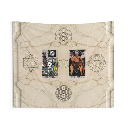 The Death AND The Devil Tarot Cards Altar Cloth or Tapestry with Marble Background, Flower of Life and Seed of Life