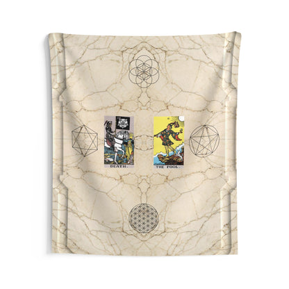 The Death AND The Fool Tarot Cards Altar Cloth or Tapestry with Marble Background, Flower of Life and Seed of Life