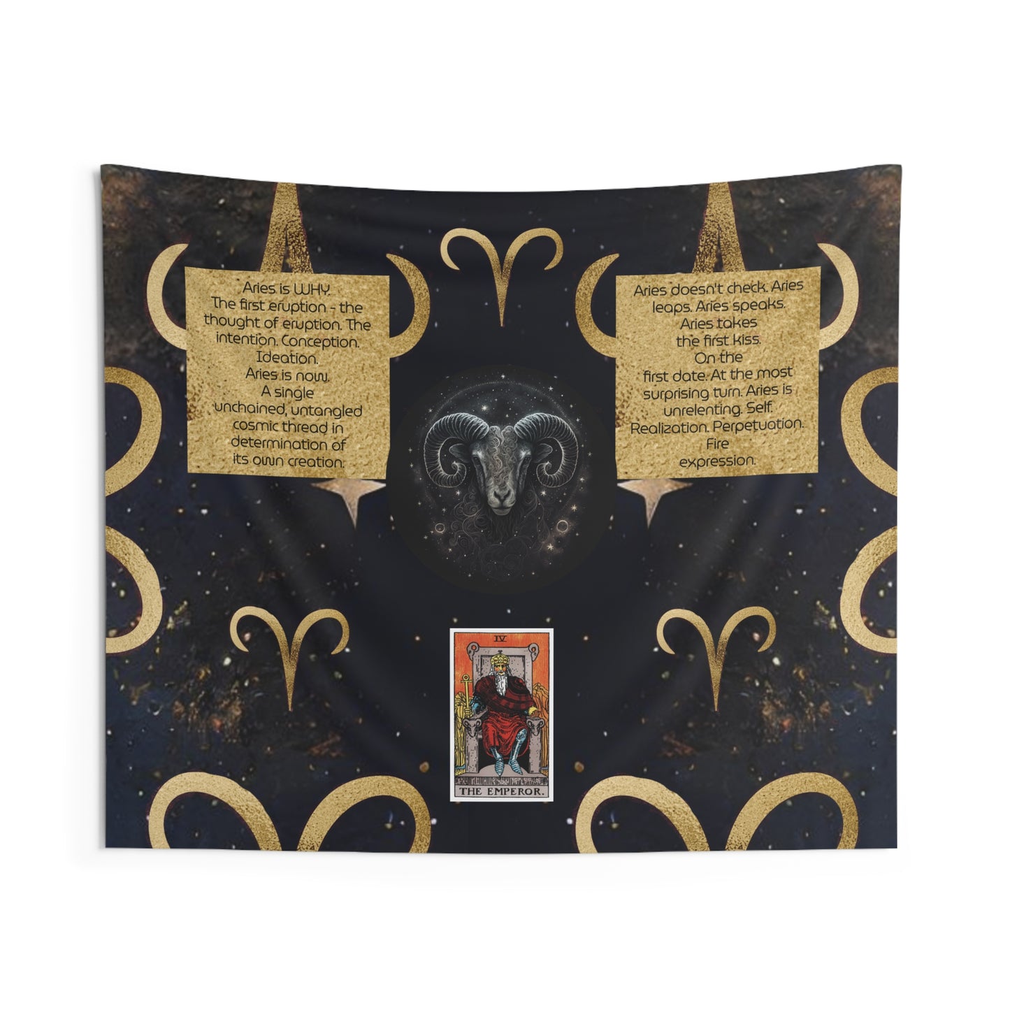 Aries Zodiac Sign Altar Cloth or Wall Tapestry With Aries Ram, The Emperor Tarot Card and a Poem for Chanting and Incantation