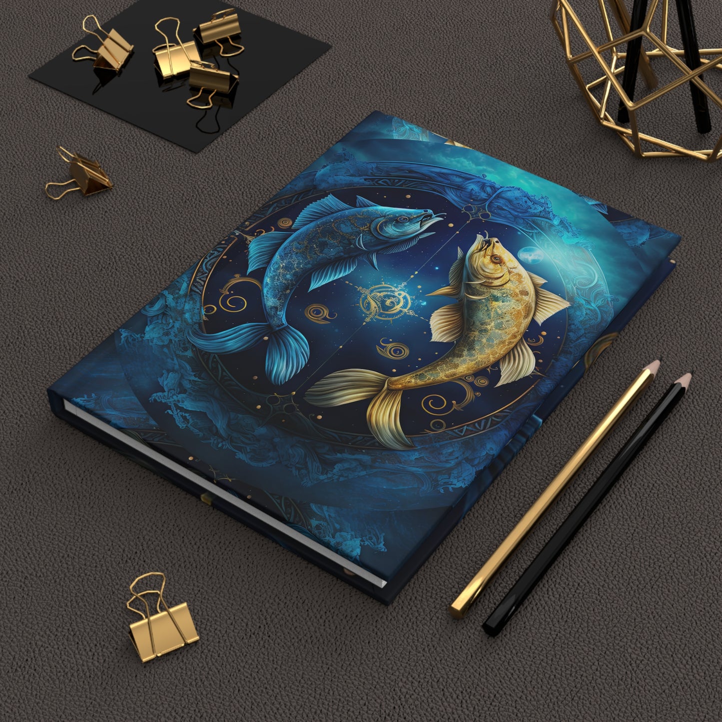 Pisces Fish in Gold and Blue with Poem Hardcover 150 Page Journal