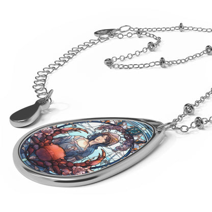Cancer Zodiac Sign Stained Glass Illustration ~ Necklace & Oval Pendant With Chain
