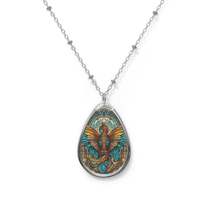 Scorpio Zodiac Sign ~ Scorpio Phoenix Rising Stained Glass Illustration ~ Necklace & Oval Pendant With Chain