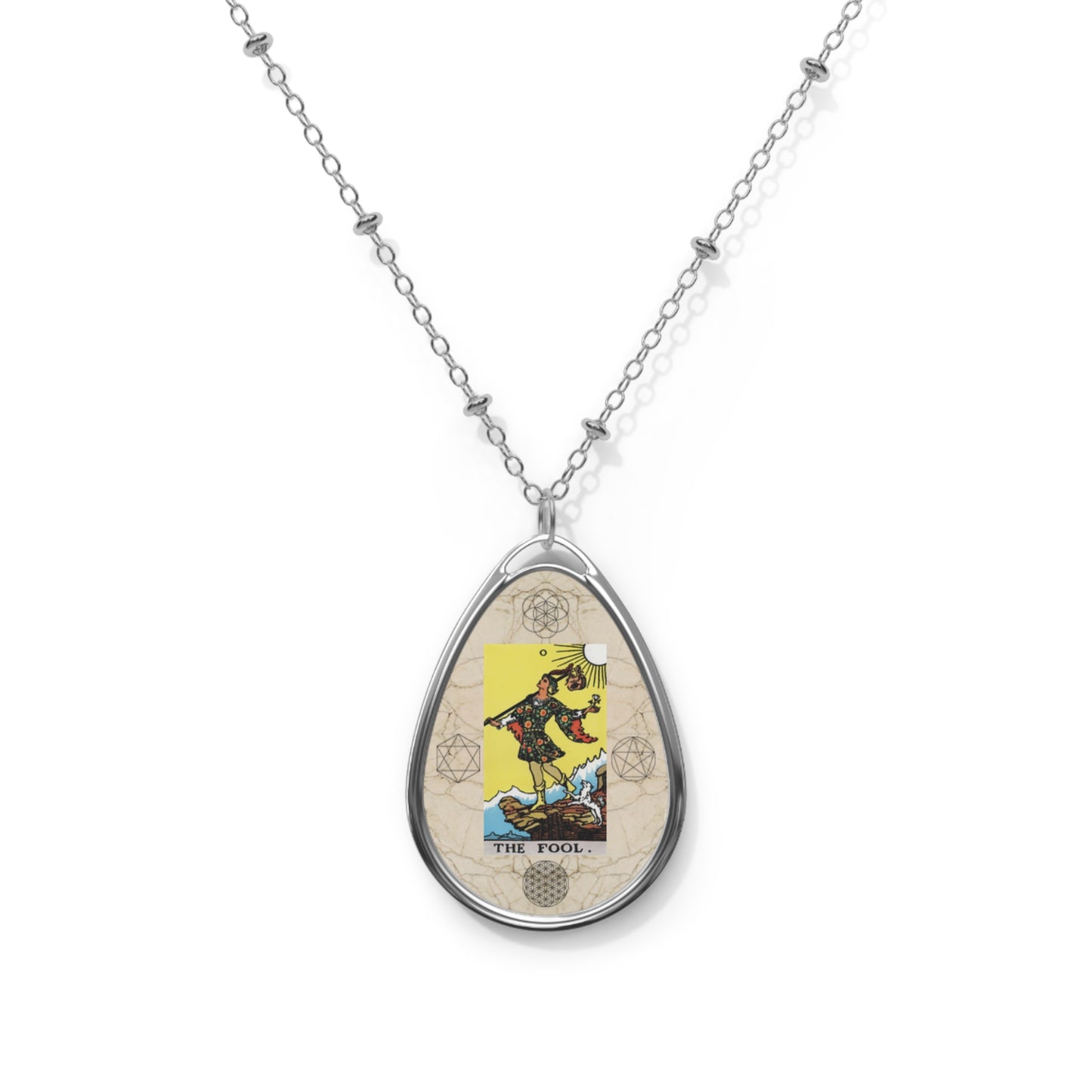 The Fool Tarot Card Pendant with Marble Background, Flower of Life, and Seed of Life