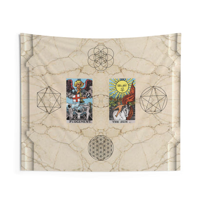The Judgement AND The Sun Tarot Cards Altar Cloth or Tapestry with Marble Background, Flower of Life and Seed of Life
