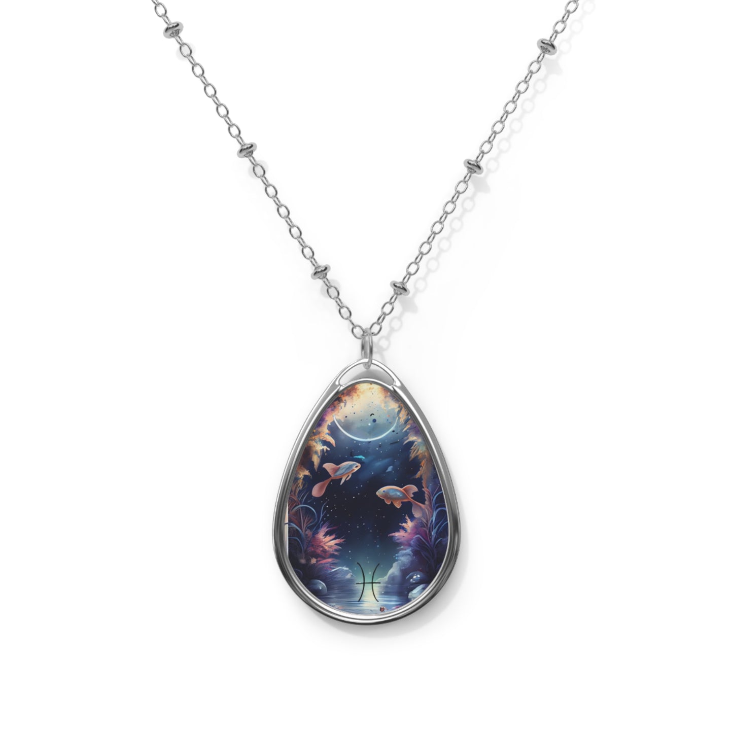 Pisces Zodiac Sign ~ Pisces Fish Illustration ~ Necklace & Oval Pendant With Chain