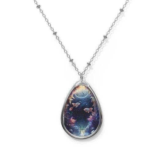 Pisces Zodiac Sign ~ Pisces Fish Illustration ~ Necklace & Oval Pendant With Chain