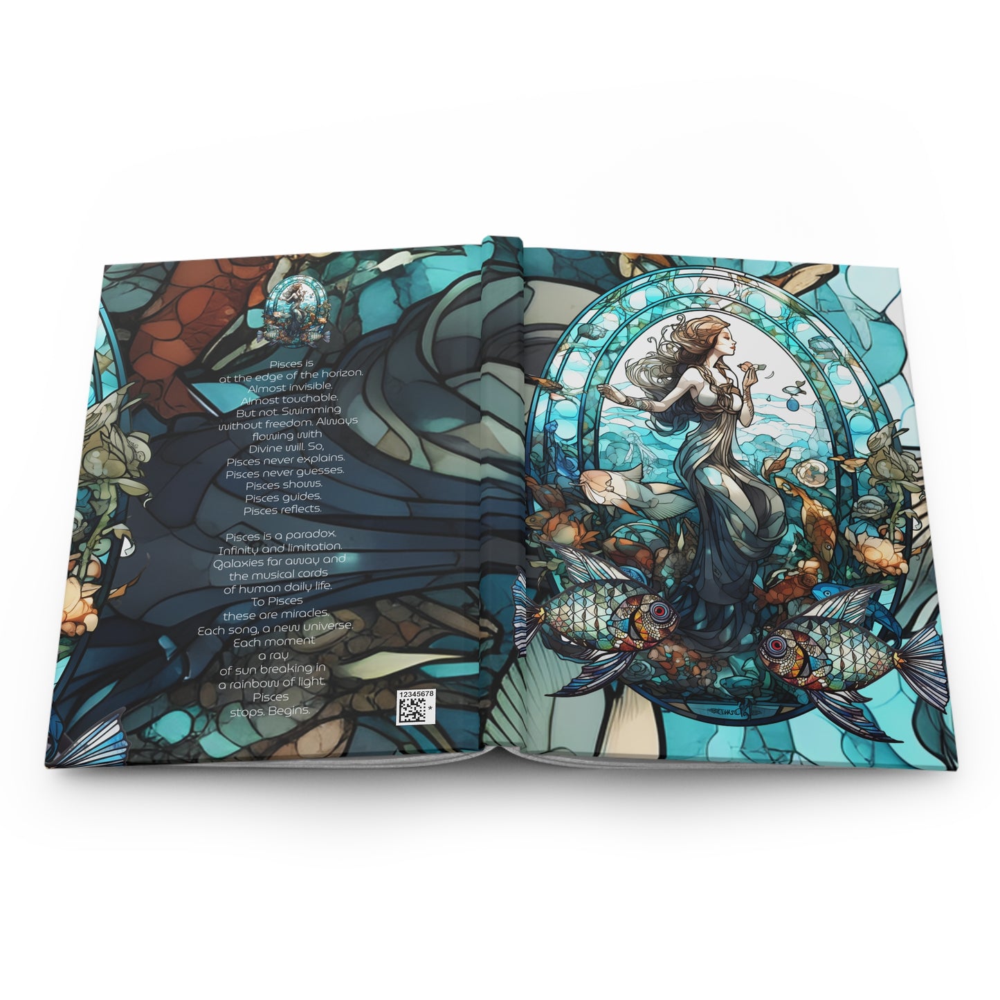 Pisces Stained Glass Illustration with Poem Hardcover 150 Page Journal
