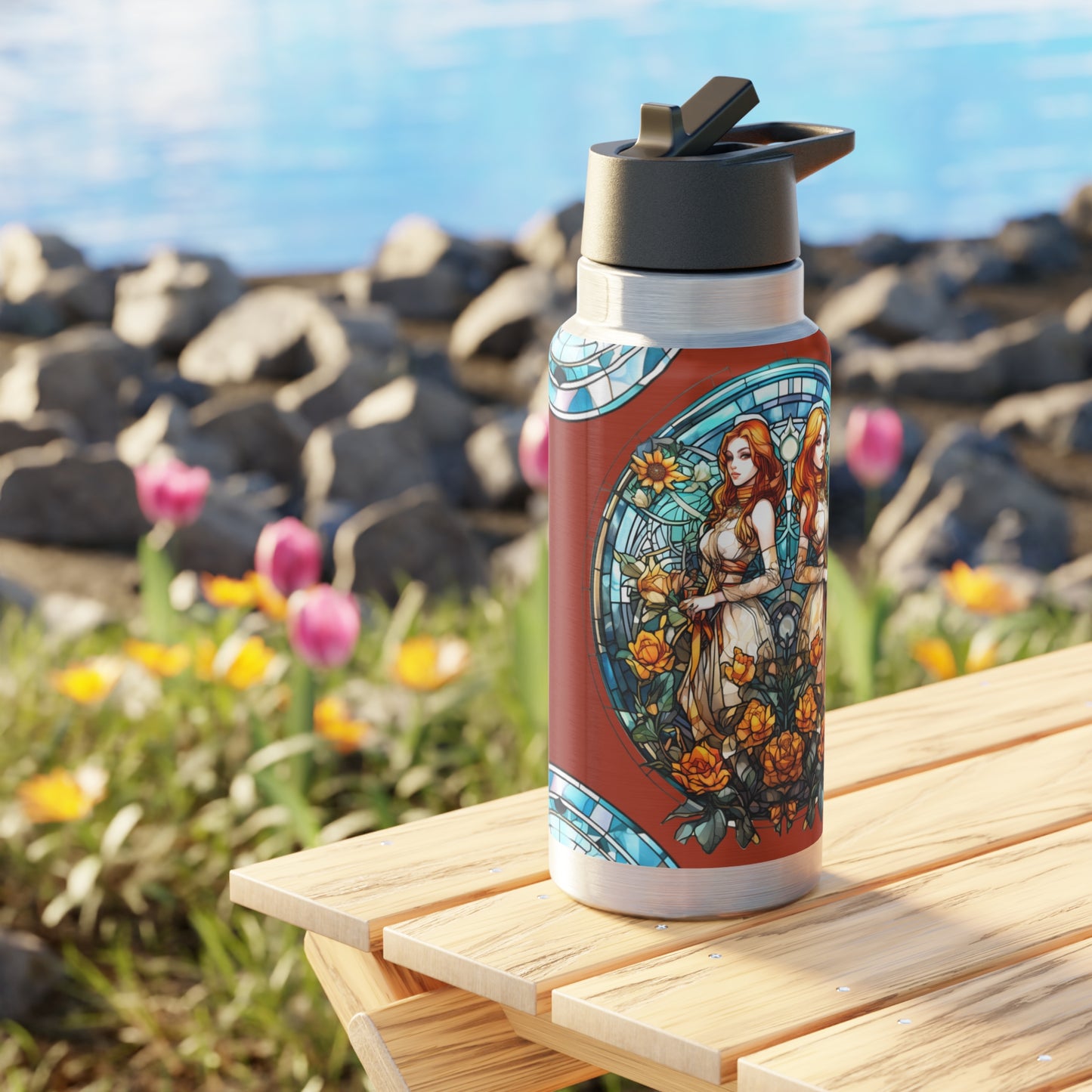 Gemini Zodiac SignStained Glass Illustration  ~ 32oz Tumbler With Lid and Straw
