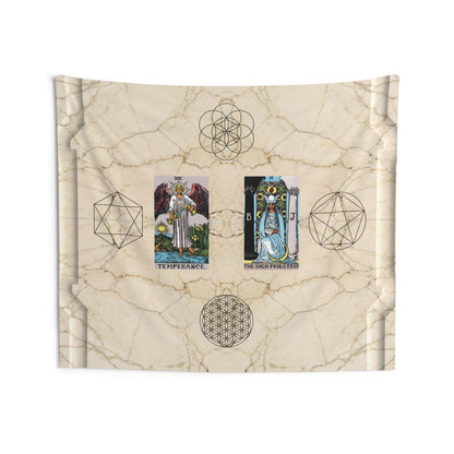 The Temperance AND The High priestess Tarot Cards Altar Cloth or Tapestry with Marble Background, Flower of Life and Seed of Life