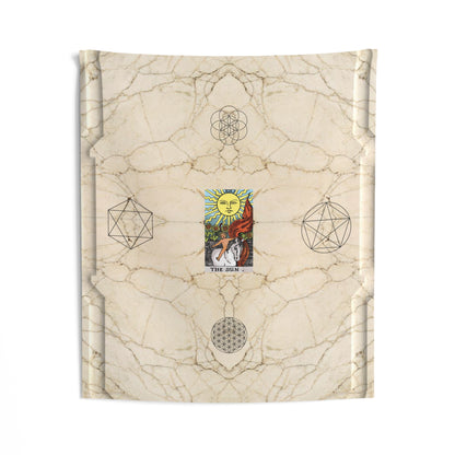 The Sun Tarot Card Altar Cloth or Tapestry with Marble Background, Flower of Life and Seed of Life
