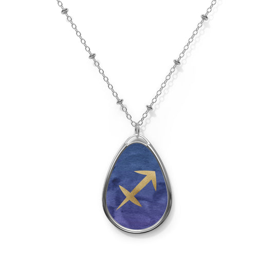 Sagittarius Zodiac Sign in Gold on blue ~ Necklace & Oval Pendant With Chain