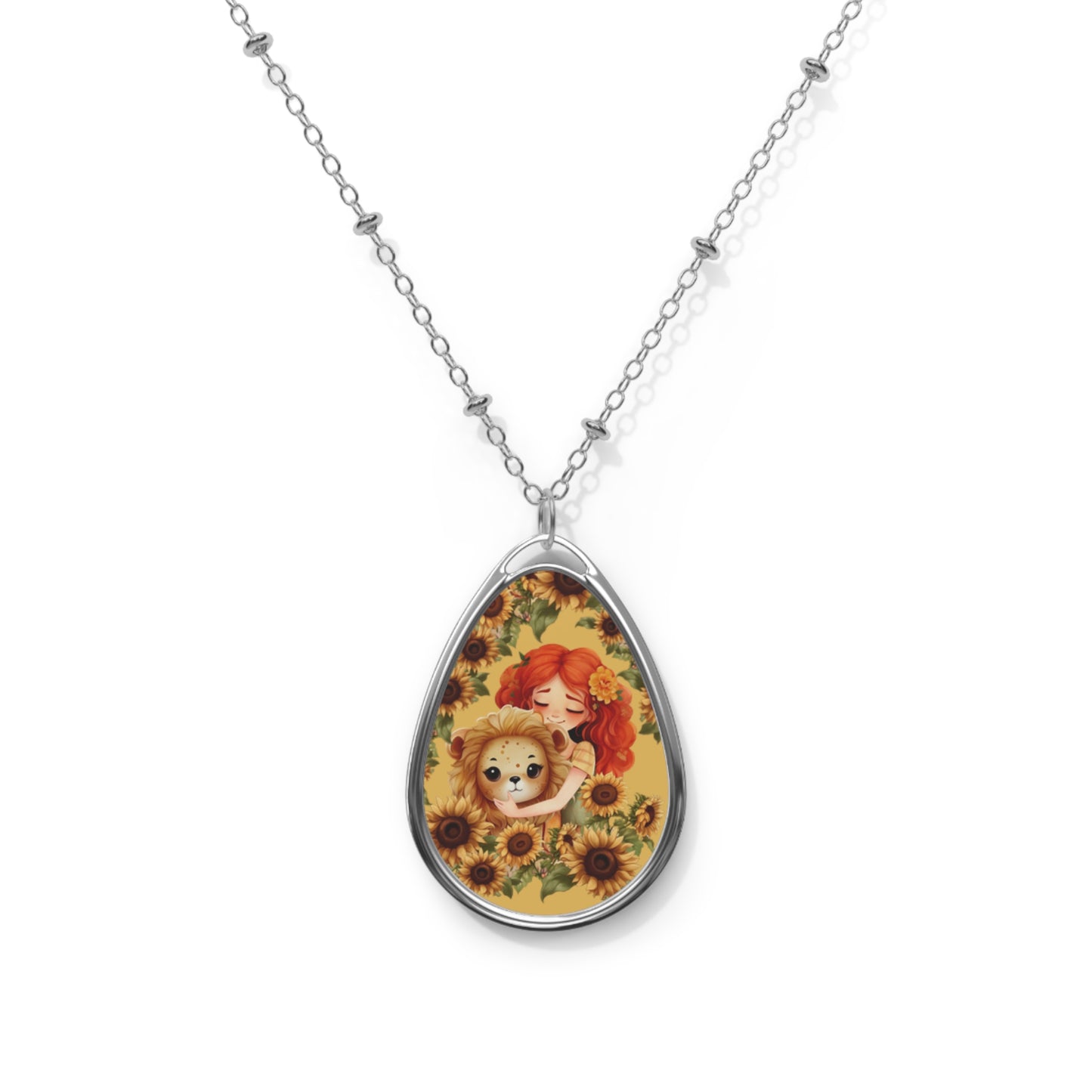 Leo Zodiac Sign ~ Girl and Lion Vintage Illustration ~ Necklace & Oval Pendant With Chain