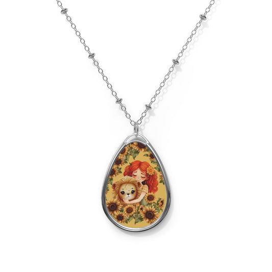 Leo Zodiac Sign ~ Girl and Lion Vintage Illustration ~ Necklace & Oval Pendant With Chain