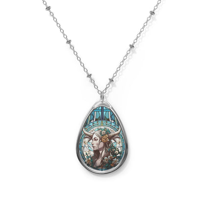 Capricorn Zodiac Sign ~ Capricorn Woman Stained Glass Illustration ~ Necklace & Oval Pendant With Chain