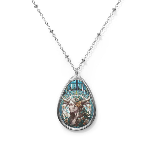 Capricorn Zodiac Sign ~ Capricorn Woman Stained Glass Illustration ~ Necklace & Oval Pendant With Chain