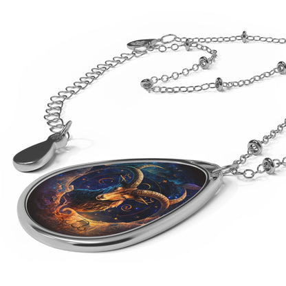 Capricorn Zodiac Sign ~ Celestial Capricorn Goat Watercolor ~ Necklace & Oval Pendant With Chain