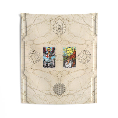 The Judgement AND The Sun Tarot Cards Altar Cloth or Tapestry with Marble Background, Flower of Life and Seed of Life