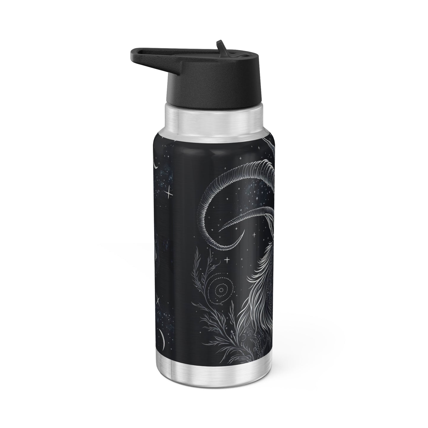 Capricorn Zodiac Sign Goat in Black and White with Starry Background ~ 32oz Tumbler With Lid and Straw