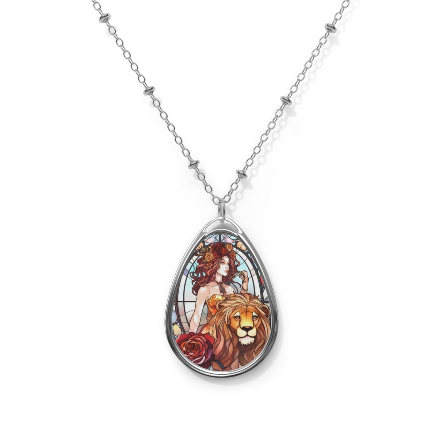 Leo Zodiac Sign ~ Woman and Lion Stained Glass ~ Necklace & Oval Pendant With Chain