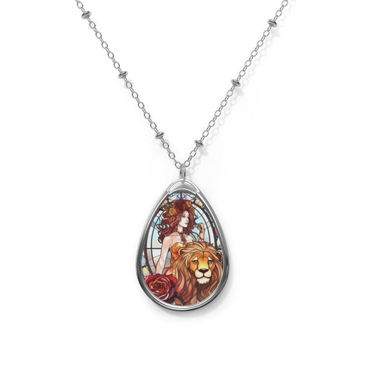 Leo Zodiac Sign ~ Woman and Lion Stained Glass ~ Necklace & Oval Pendant With Chain