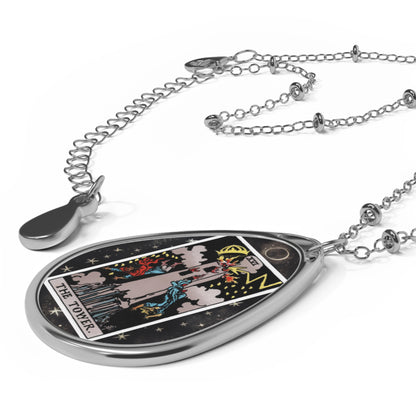 The Tower Tarot Card Oval Pendant Necklace With Chain
