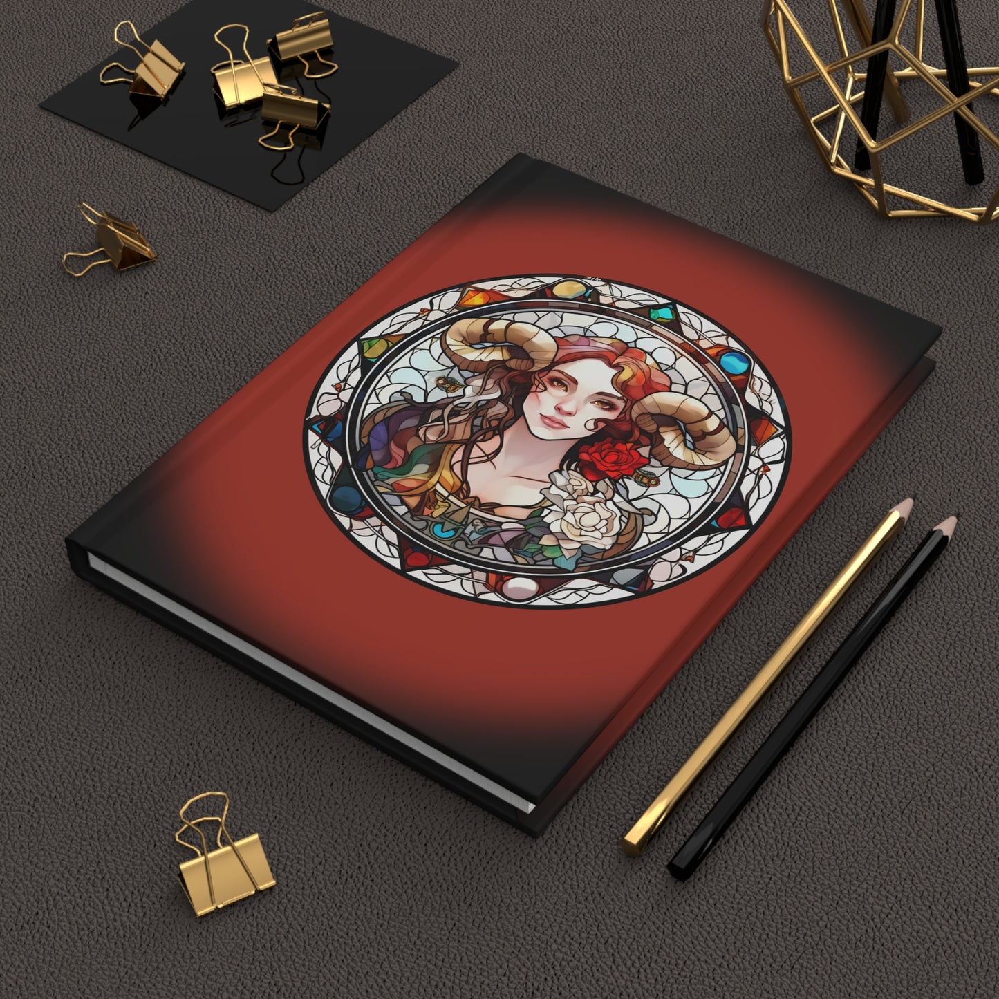 Aries Stained Glass Illustration with Poem Hardcover 150 Page Journal
