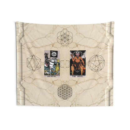 The Death AND The Devil Tarot Cards Altar Cloth or Tapestry with Marble Background, Flower of Life and Seed of Life