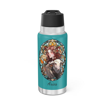 Aries Zodiac Sign Stained Glass Woman and Ram Illustration ~ 32oz Tumbler With Lid and Straw