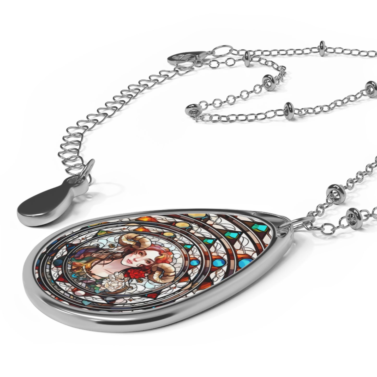 Aries Zodiac Sign Stained Glass Illustration ~ Necklace & Oval Pendant With Chain
